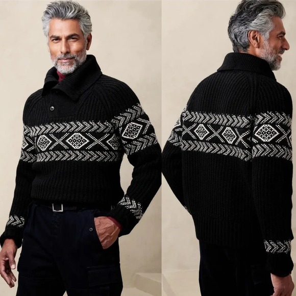 Banana Republic Sweater Mens Medium Italian Merino Blend Arran Fair Isle NWT - Picture 1 of 15